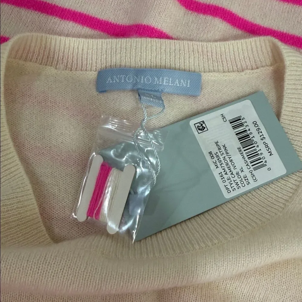 Antonio Melani Cashmere Sweater Cameron Ivory Pink Stripe Crewneck XL